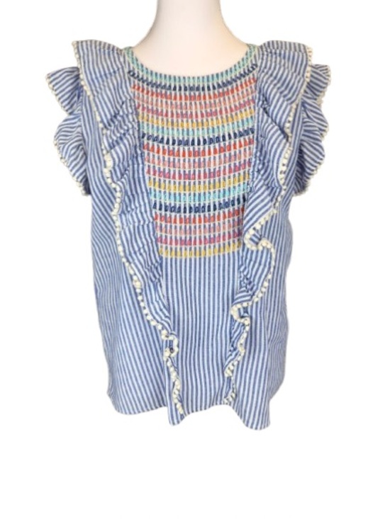 THML Tops - THML Embroidered Stripe Ruffle Top Pom Pom Boho Blouse Size Large NEW